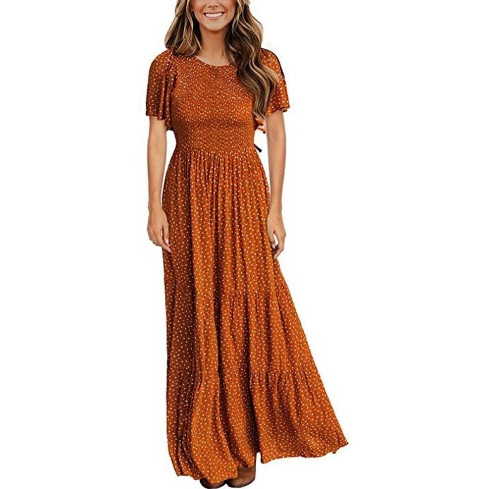 Brown Smocked Ruffle Polka Dot Maxi Dress